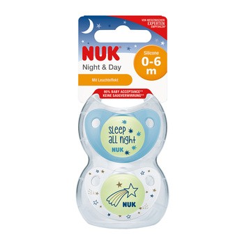 NUK, silikonowy smoczek uspokajający Night&Day, 0-6 miesięcy (boy), 2 szt.
