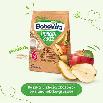 BoboVita Porcja Zbóż, kaszka mleczna 3 zboża, jabłko-gruszka, 6m+, 210 g