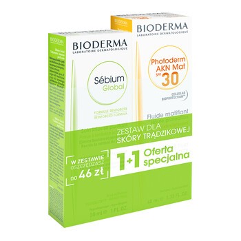 Zestaw Promocyjny Bioderma, Sebium Global, krem, 30 ml + Photoderm AKN Mat, krem, SPF 30, 40 ml