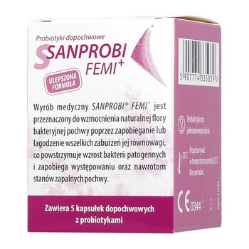 Sanprobi Femi+, probiotyk, kapsułki dopochwowe, 5 szt.