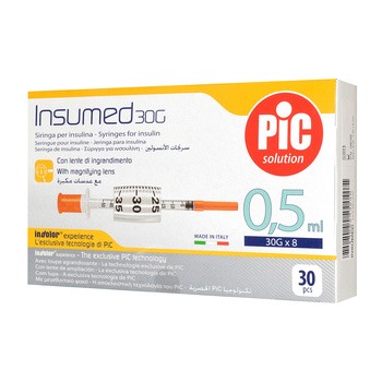 Strzykawki insulinowe, 0,5 ml, Insumed, G 30 x 8 mm, 30 szt.