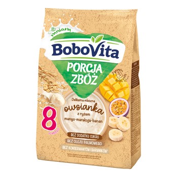 BoboVita Porcja Zbóż, delikatna mleczna owsianka z ryżem, mango, marakuja, banan, 8 m+, 210 g