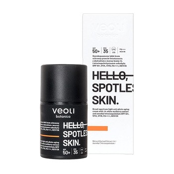 Veoli Botanica, Hello Spotless Skin, szerokopasmowy lekki krem ochronny przeciw fotostarzeniu SPF 50+, 50 ml