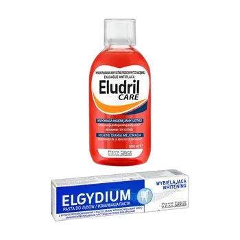 Zestaw Elgydium Whitening, pasta do zębów, wybielająca, 75 ml + Eludril Care, płyn do codziennej higieny jamy ustnej, 500 ml