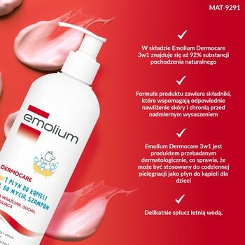 Emolium Dermocare, 3w1 płyn do kąpieli, żel do mycia, szampon, 400 ml