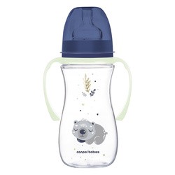 Canpol Babies Easy Start, Sleepy Koala, butelka szeroka antykolkowa ze świecącymi uchwytami, niebieska, 300 ml, 1 szt.