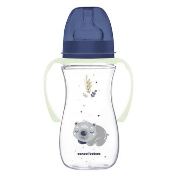 Canpol Babies Easy Start, Sleepy Koala, butelka szeroka antykolkowa ze świecącymi uchwytami, niebieska, 300 ml, 1 szt.