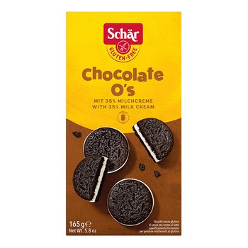 Schar, Chocolate O's, bezglutenowe herbatniki kakaowe z mlecznym nadzieniem, 165 g
