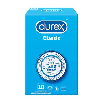 Durex Classic, prezerwatywy ze środkiem nawilżającym, 18 szt.