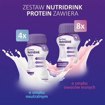 Nutridrink Protein Zestaw Smaków, płyn, 8 x 125 ml, smak owoce leśne, 4 x 125 ml, smak neutralny