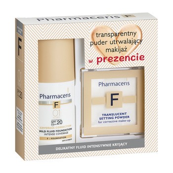 Zestaw Promocyjny Pharmaceris F,  delikatny fluid intensywnie kryjący SPF 20, 01 Ivory, 30 ml + transparentny puder matujący, 6 g GRATIS
