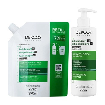 Zestaw Vichy Dercos DS, szampon przeciwłupieżowy, włosy normalne i przetłuszczające się, 390 ml + opakowanie uzupełniające, 390 ml
