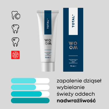 WOOM Total+, Odbudowująca pasta do zębów do codziennego stosowania, 75 ml