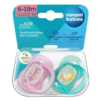 Canpol Babies, silikonowe smoczki uspokajające symetryczne Night & Day 6 - 18 m, różowe, 2 szt.