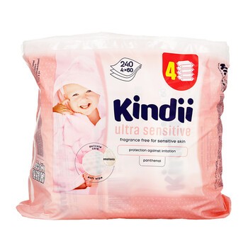 Cleanic Kindii, Ultra Sensitive, chusteczki nawilżane dla niemowląt i dzieci, 60 szt. x 4 opakowania