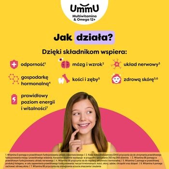 UmmU Multiwitamina&Omega 12+, pastylki żelowe do rozgryzania i żucia, smak owocowy, 27 szt.