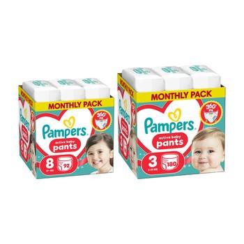 Zestaw Pampers Active Baby Pants, 8, (17+kg), 92 szt. + 3, (6-11 kg), 180 szt.