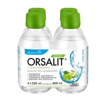 Orsalit Drink, doustny płyn nawadniający o smaku jabłkowym, 800 ml (4 x 200 ml)