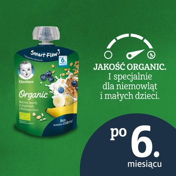 Gerber Organic, mus banany, jagody, jogurt, płatki zbóż, 6 m+, 90 g