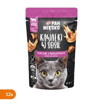 Zestaw 12 x Pan Mięsko, karma mokra dla kota, kurczak z krewetkami, 85 g