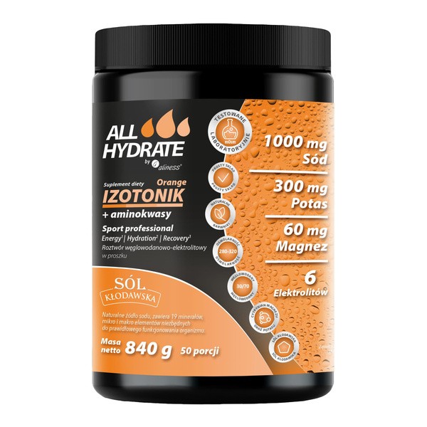 Aliness Health'N'Beauty ALLHydrate Izotonik +aminokwasy Orange, proszek, smak pomarańczowy, 840 g