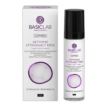 BasicLab Copperis, aktywnie liftingujący krem na noc do twarzy, szyi i dekoltu 0,3% czystego peptydu miedziowego, 50 ml