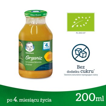 Gerber Organic, nektar gruszka morela, 4 m+, 200 ml