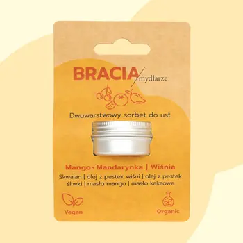 Bracia Mydlarze, dwuwarstwowy sorbet, nawilżający balsam do ust, Mango, Mandarynka, Wiśnia, 15 ml