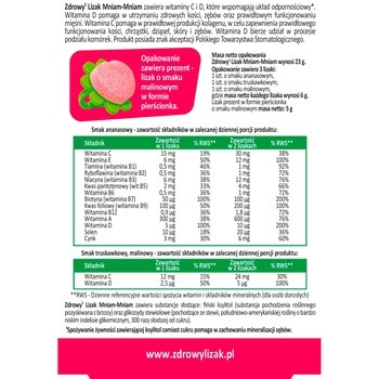 Zdrowy Lizak MniamMniam, smak anansowy, 1 szt. + smak malinowy, 1 szt. + smak truskawkowy, 1 szt. + niespodzianka w postaci słodkiego pierścionka