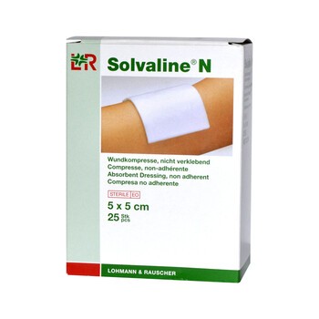 Solvaline N, opatrunek jałowy, włókna z bawełny,  5 x 5 cm, 25 szt.
