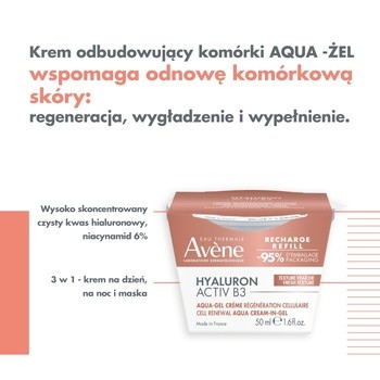 Avene Eau Thermale Hyaluron Active B3, krem odbudowujący komórki aqua-żel, refill, 50 ml