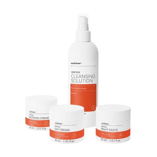 Verdelove Zestaw Odexim, płyn oczyszczający, 150 ml + krem na ranek, 30 ml + krem na dzień, 30 ml + pasta na noc, 30 ml — Składniki i ocena