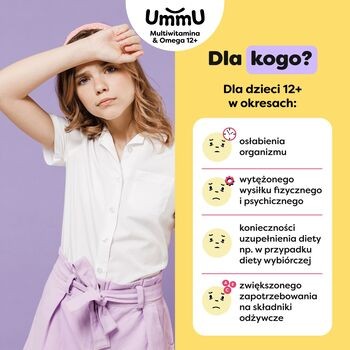 UmmU Multiwitamina&Omega 12+, pastylki żelowe do rozgryzania i żucia, smak owocowy, 27 szt.