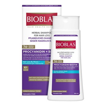 Bioblas, ziołowy, antystresowy szampon z procyjanidyną i biotyną do wszystkich rodzajów włosów, 360 ml