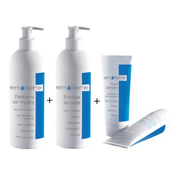 Zestaw Promocyjny Emolliere, delikatny żel myjący, 400 ml + emulsja do ciała, 400 ml + krem specjalny, 75 ml GRATIS