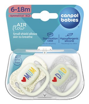 Canpol Babies, smoczki uspakajające symetryczne Love Mum & Dad 6 - 18 m., 2 szt.