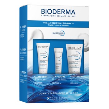 Zestaw Bioderma Atoderm, krem odżywczy, 40 ml + balsam do ust, 15 ml + krem do rąk i paznokci, ultraodżywczy, 50 ml