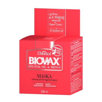 Biovax Opuntia Oil & Mango, intensywnie regenerująca maseczka do włosów zniszczonych, 500 ml