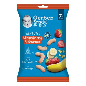 Gerber Snacks, Chrupeczki kukurydziane truskawkowo-bananowe, 7 m+, 28 g