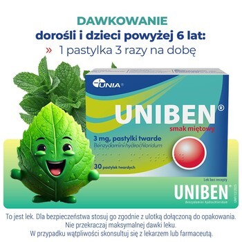 Uniben smak miętowy, 3 mg, pastylki twarde, 30 szt.