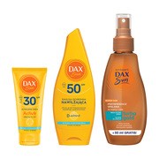 Zestaw DAX Sun, nawilżająca emulsja ochronna SPF 50, 175 ml + ultralekki krem do twarzy, SPF 30, 50 ml + przyspieszacz opalania do twarzy i ciała, 200 ml