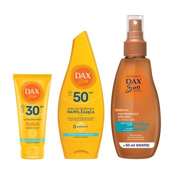 Zestaw DAX Sun, nawilżająca emulsja ochronna SPF 50, 175 ml + ultralekki krem do twarzy, SPF 30, 50 ml + przyspieszacz opalania do twarzy i ciała, 200 ml