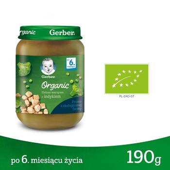 Gerber Organic, obiadek zielone warzywa z indykiem, 6 m+, 190 g