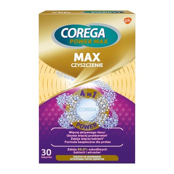 Corega Power Max Czyszczenie, tabletki przeciwbakteryjne do czyszczenia protez zębowych 4w1 z aktywnym tlenem, 30 szt.