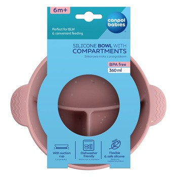Canpol babies, miska silikonowa Dots z 3 przegródkami i przyssawką, 360 ml, różowa, 1 szt.