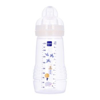 MAM Baby Bottle, butelka szerokootworowa, 2m+, 270 ml, ze smoczkiem o śednim przepływie, przezroczysta, 1 szt.