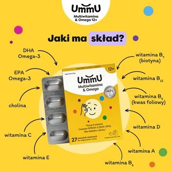 UmmU Multiwitamina&Omega 12+, pastylki żelowe do rozgryzania i żucia, smak owocowy, 27 szt.