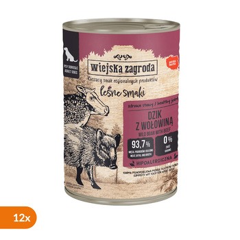 Zestaw 12 x Wiejska Zagroda Leśne Smaki Dzik z wołowiną, mokra karma dla psa, 400 g