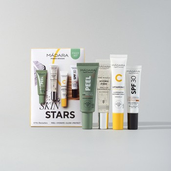 Zestaw Madara Skin Stars 4 Mini Bestseller Set, maska, 17 ml + serum nawilżające, 15 ml + krem z witaminą C, 15 ml + krem przeciwzmarszczkowy, 10 ml