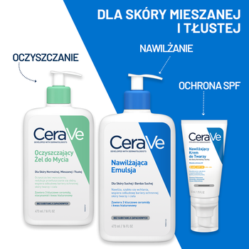 Zestaw CeraVe, oczyszczający żel do mycia z ceramidami dla skóry normalnej i tłustej, 473 ml + nawilżający krem do twarzy z ceramidami, 52 ml